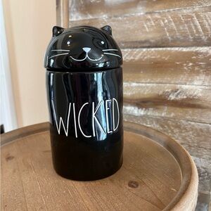 Rae Dunn Black 'WICKED' Wild Blackberry Candle, Ceramic Canister w/ Cat Topper